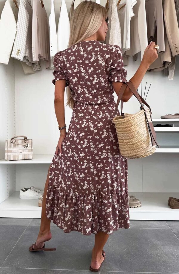 Elegant Brown Floral Print Side Slit Midi Dress for Women - Image 6