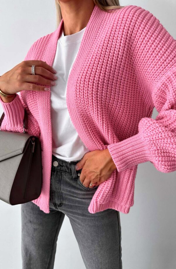 Pink Open Front Drop Shoulder Knit Cardigan for Women - Image 2