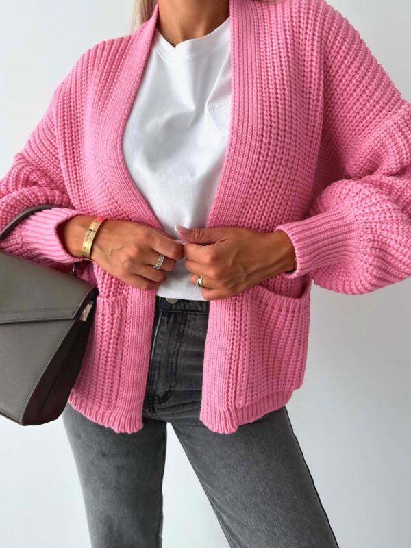 Pink Open Front Drop Shoulder Knit Cardigan for Women