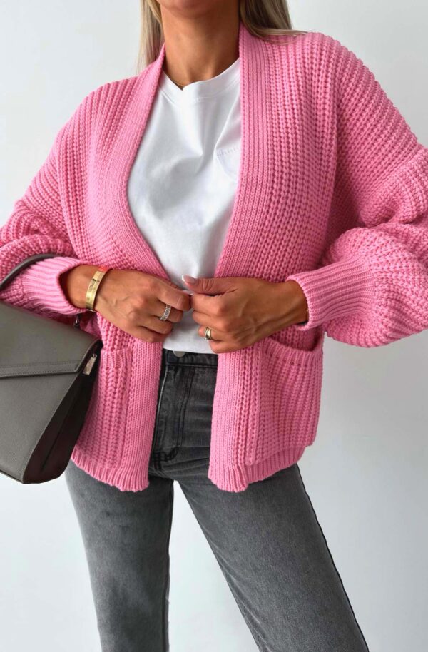 Pink Open Front Drop Shoulder Knit Cardigan for Women