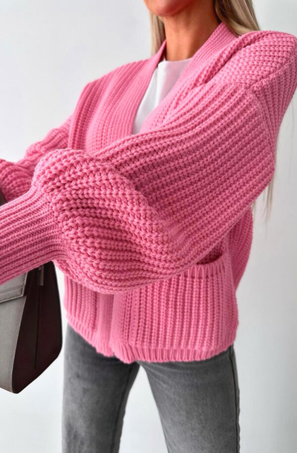 Pink Open Front Drop Shoulder Knit Cardigan for Women - Image 3
