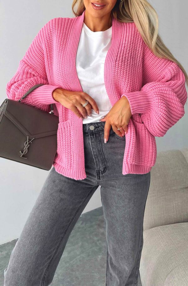 Pink Open Front Drop Shoulder Knit Cardigan for Women - Image 4
