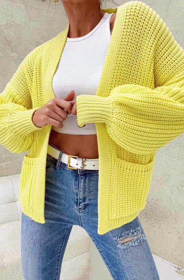 Yellow Open Front Drop Shoulder Knit Cardigan for Women - Image 2