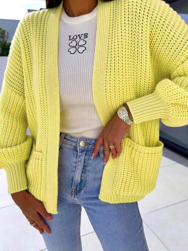 Yellow Open Front Drop Shoulder Knit Cardigan for Women