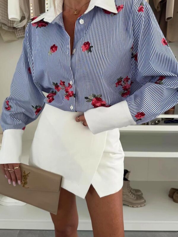 Blue Floral Striped Blouse Shirt Top for Women