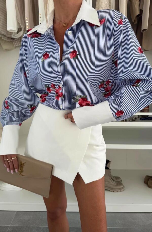 Blue Floral Striped Blouse Shirt Top for Women