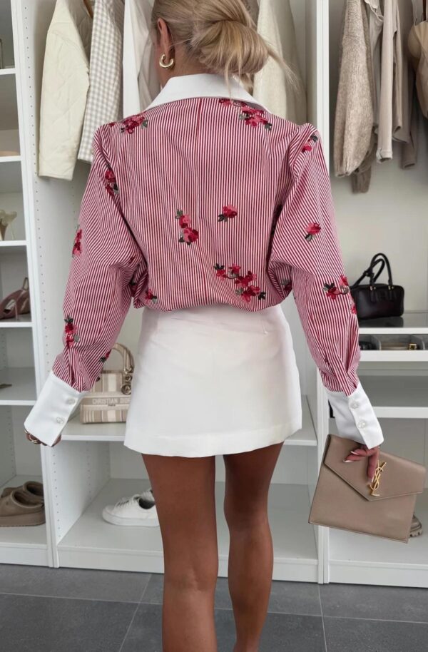 Red Floral Striped Blouse Shirt Top for Women - Image 4