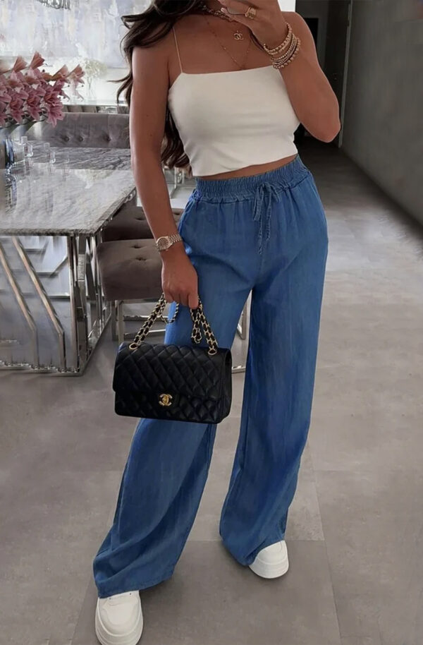 Blue Wide Leg Pocket Detail Trousers for Women