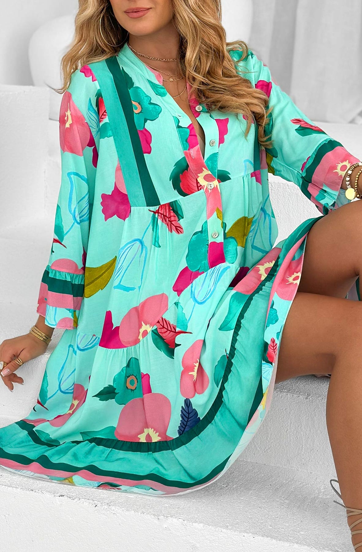Boho Breeze Oversize Tunic Dress - Aloe Green - Image 3
