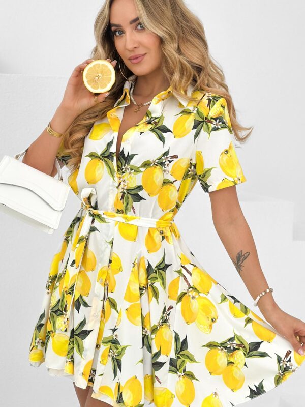 Ivory Capri Lemon Shirt Dress – Belted Mediterranean Style