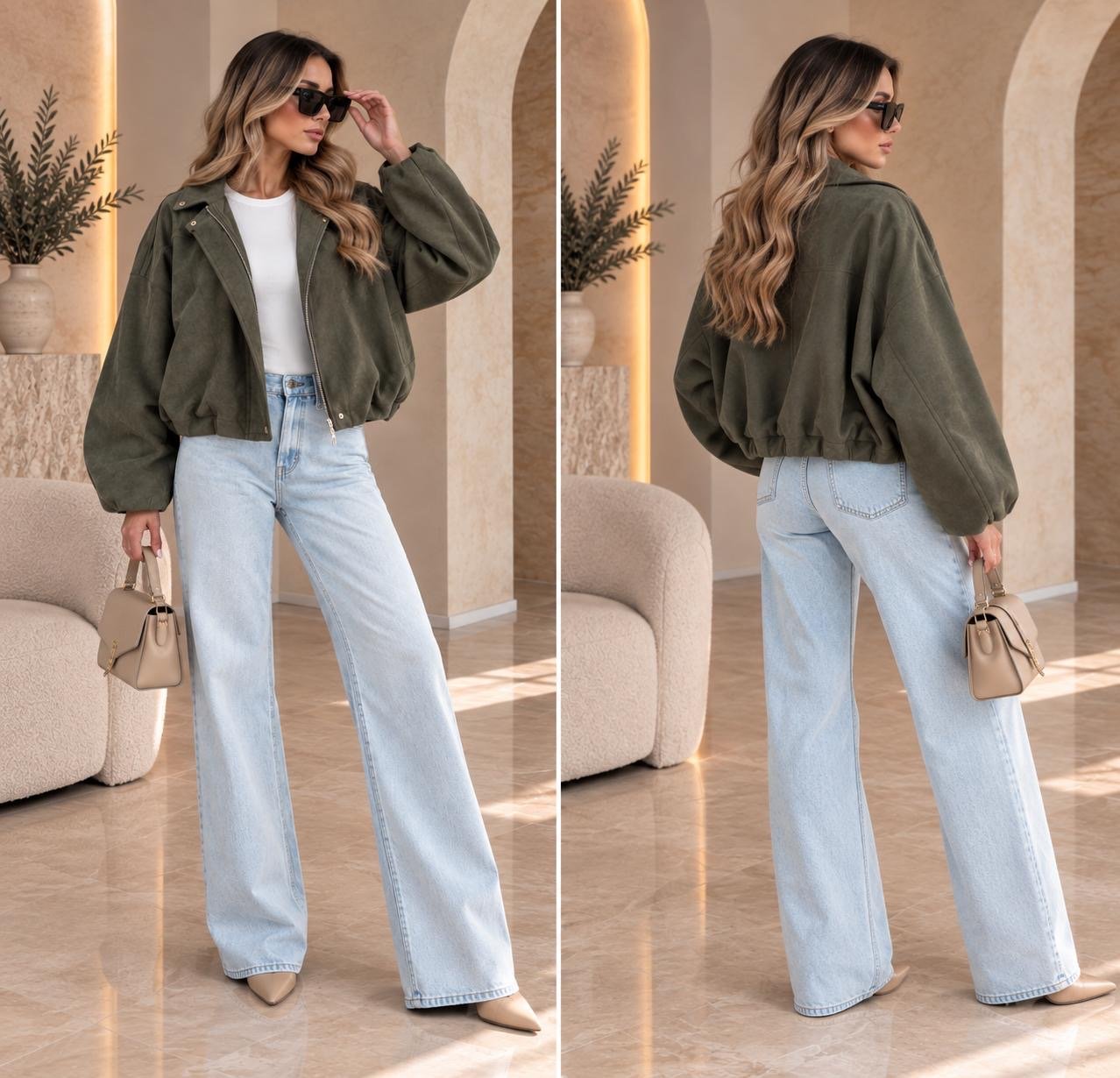 Evelyn Olive Suede Biker โ Moss