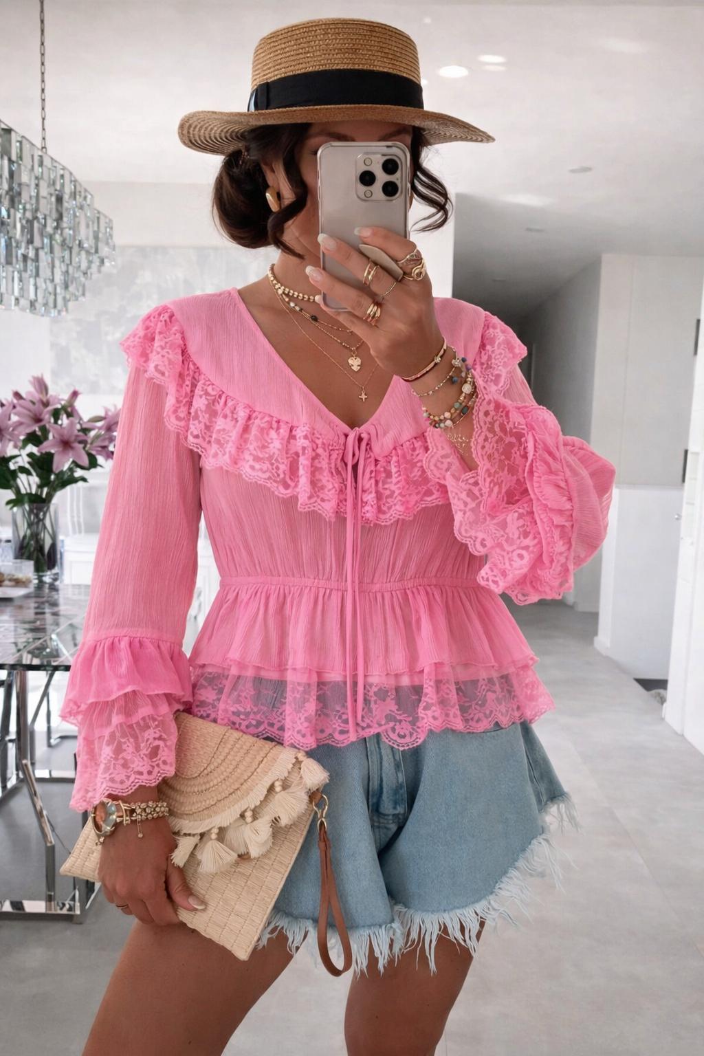 Fleur Delicate Lace Blouse - Rose